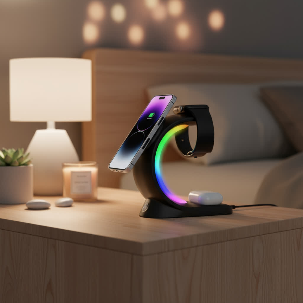 4 In 1 Magnetic Wireless Charger Fast Charging For Smart Phone Atmosphere Light Charging Station For Airpods Pro I-phone Watch