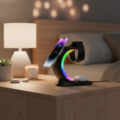 4 In 1 Magnetic Wireless Charger Fast Charging For Smart Phone Atmosphere Light Charging Station For Airpods Pro I-phone Watch